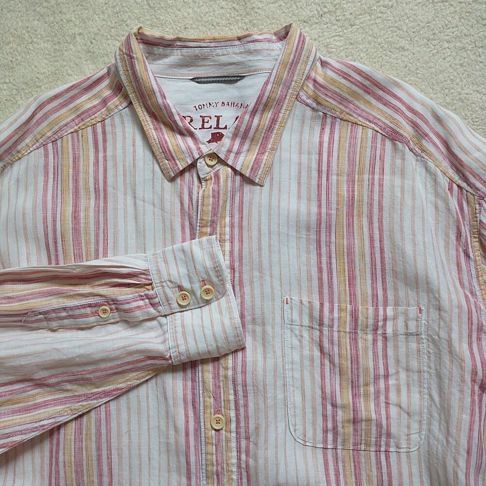 Tommy Bahama Relax Shirt Mens 2XB Pink Striped 100% Linen Button Down